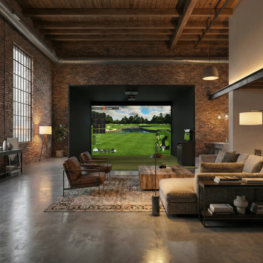 Spacious loft with a golf simulator, featuring exposed brick walls, leather chairs, and modern decor, creating a cozy and stylish atmosphere.