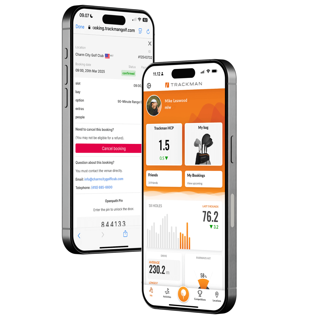 Two smartphones display a golf app interface Trackman Booking & Payments