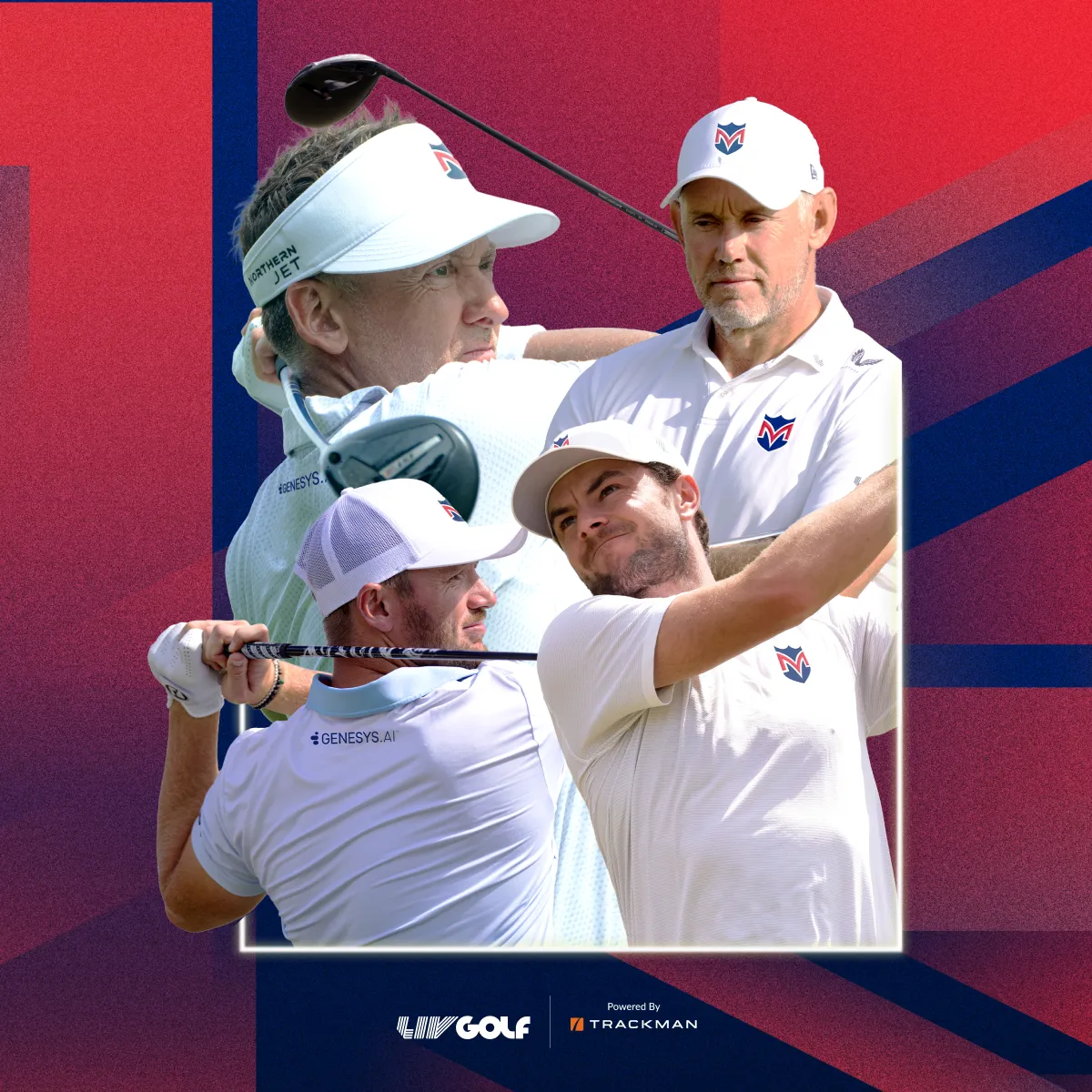 Collage of golfers in action and posing, wearing white attire and caps, with a red and blue geometric background featuring LIV Golf branding.