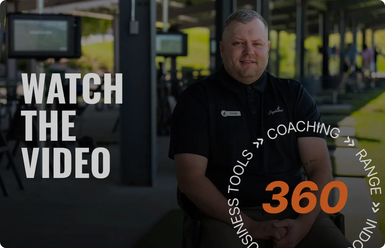 Man sitting at a golf driving range, wearing a black shirt with a name tag. Text reads "Watch the Video" and "360" with related keywords.