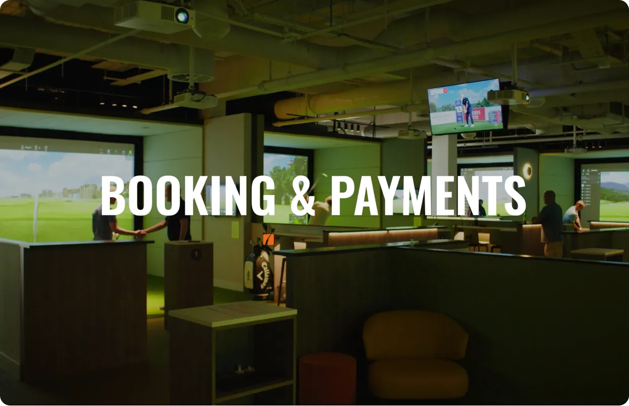Indoor golf facility with screens and seating areas, featuring a "Booking & Payments" overlay.