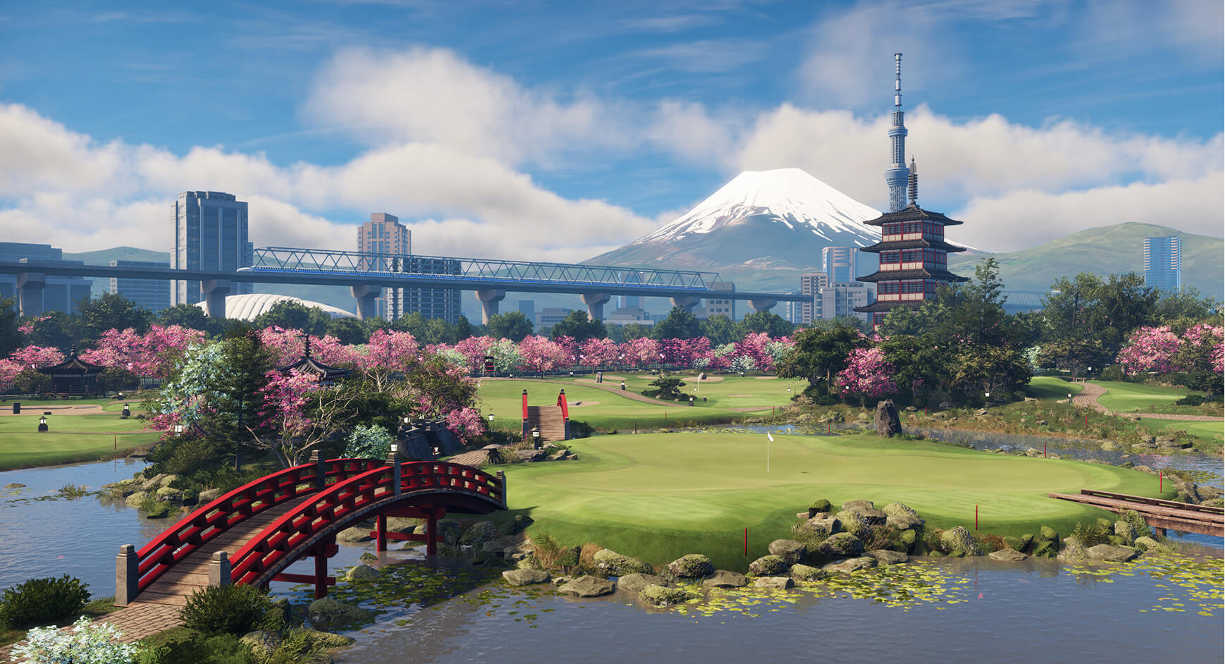 Tokyo Gardens golf course from Trackman Virtual Golf 3,  with a red bridge, cherry blossoms, a pagoda, city skyline, and a Mount Fuji in the background.