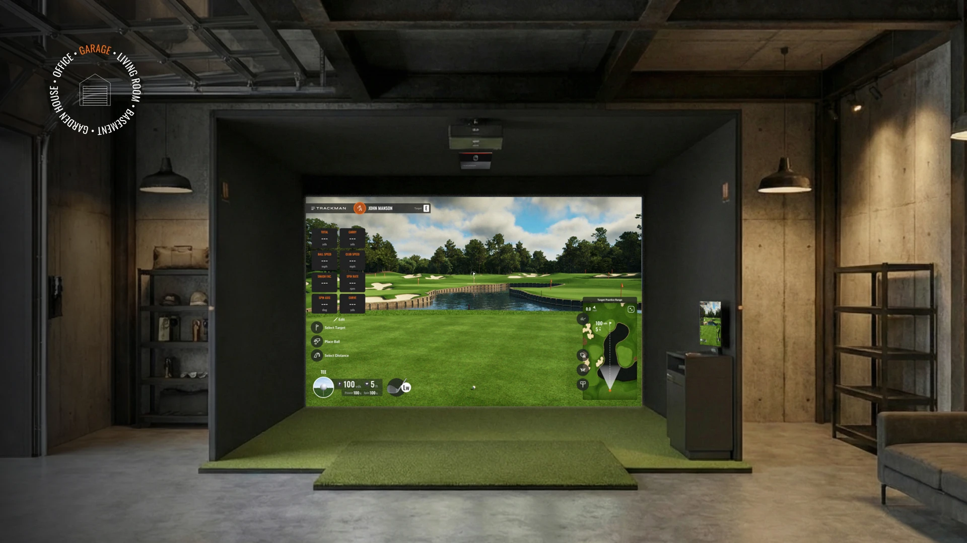 Indoor golf simulator setup in a modern garage, featuring a large screen displaying a virtual golf course with lush greenery and a pond.