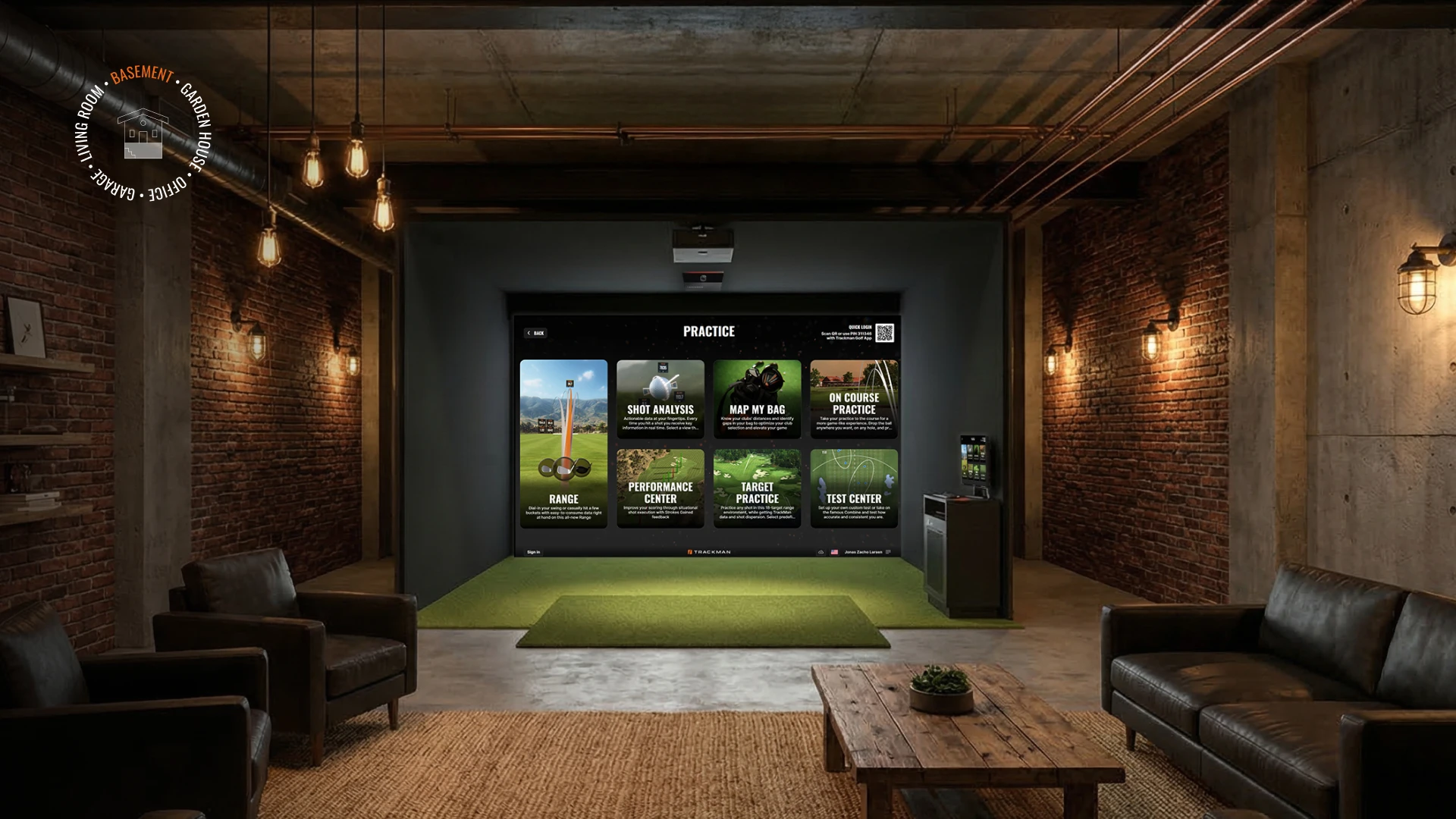 A cozy indoor golf simulator room with a leather seating area, wooden table, and warm lighting, featuring a large screen for virtual practice.