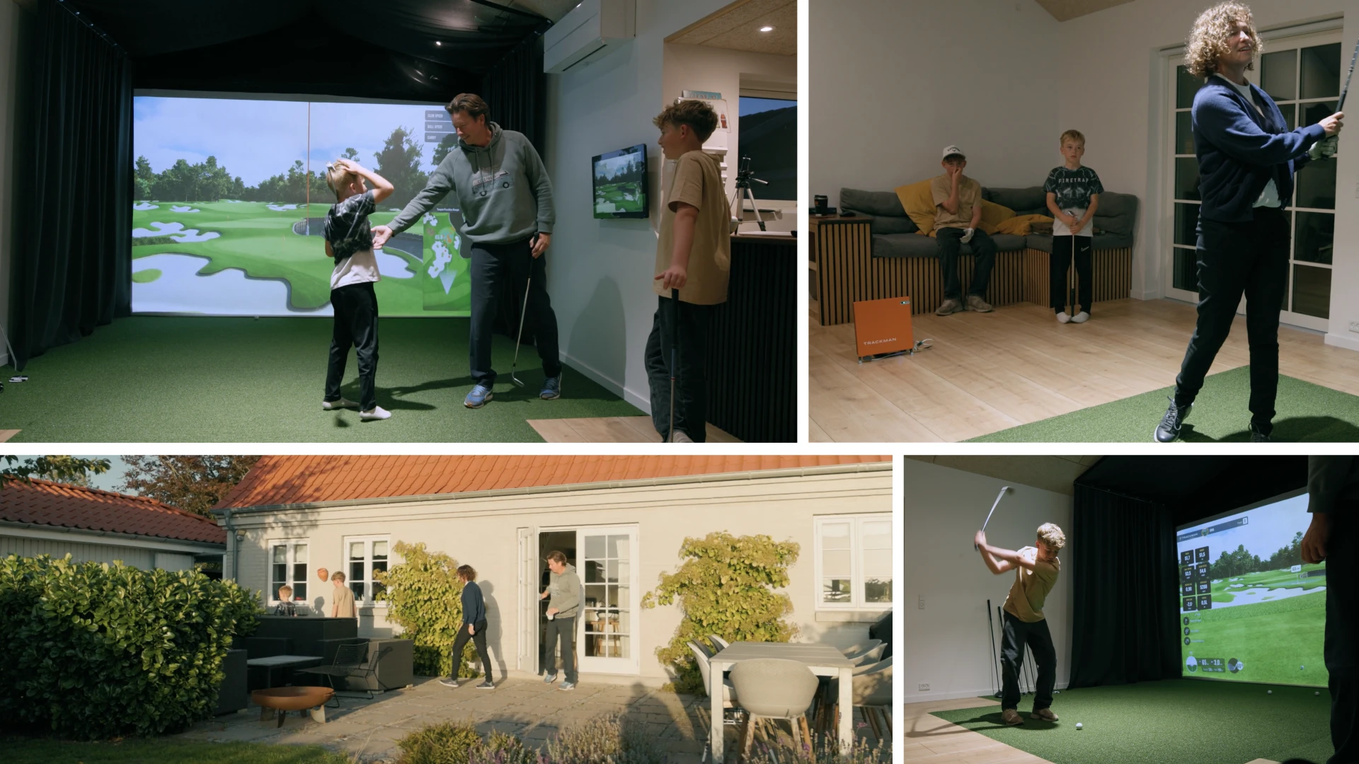 Collage of people practicing golf indoors with a simulator, observing, and enjoying time outside a house under the sun.