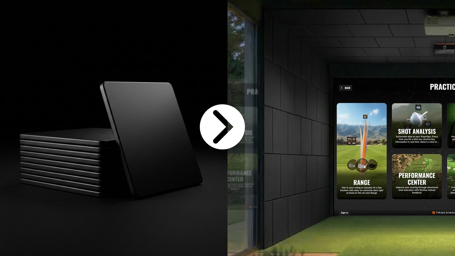 A black stack of thin devices on the left and a golf simulator screen in a dark room on the right, linked by a white arrow in the center.