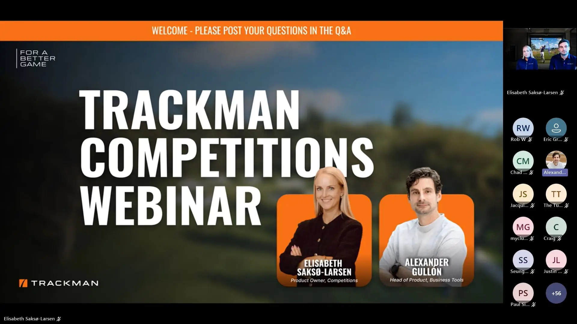 Trackman Competitions Webinar poster with images of two speakers; a virtual meeting interface with participant icons is on the right.