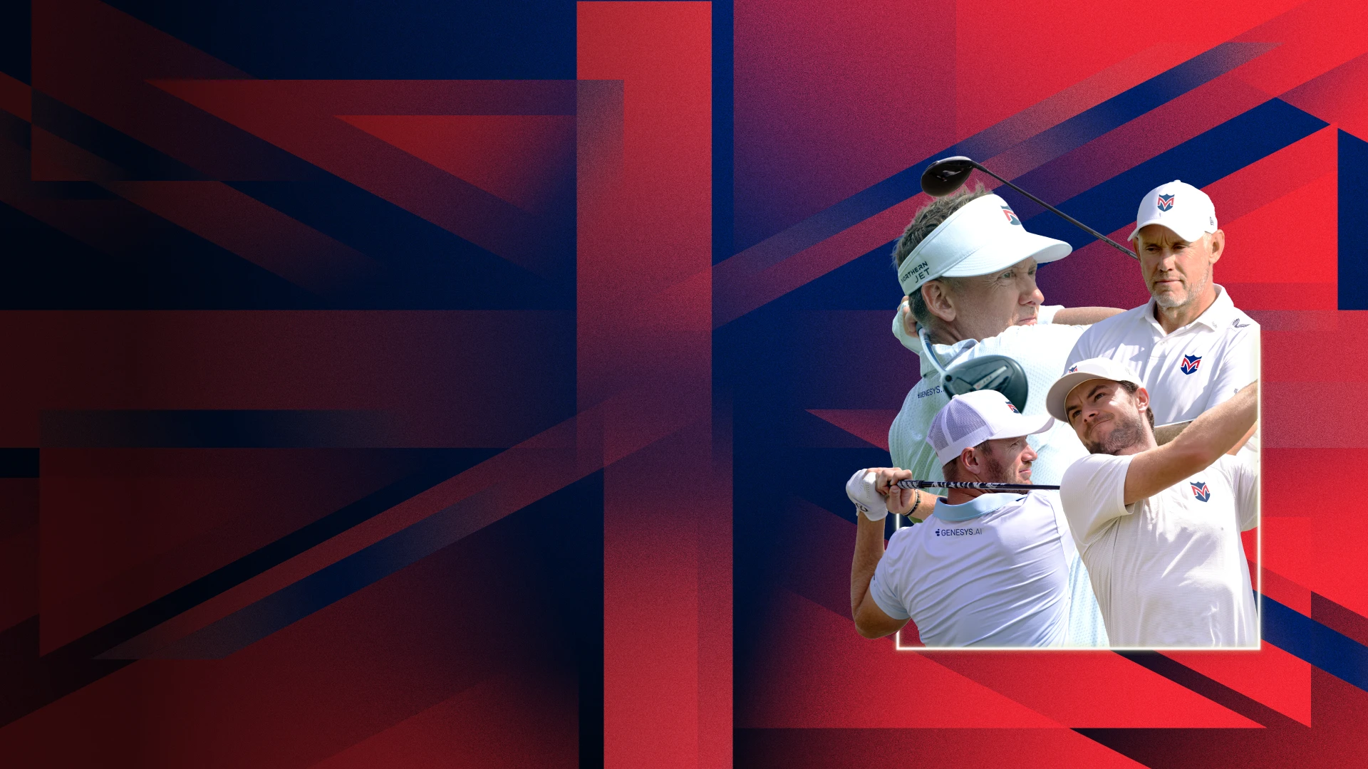 Collage of golfers in action, set against a stylized red and blue background with abstract shapes.