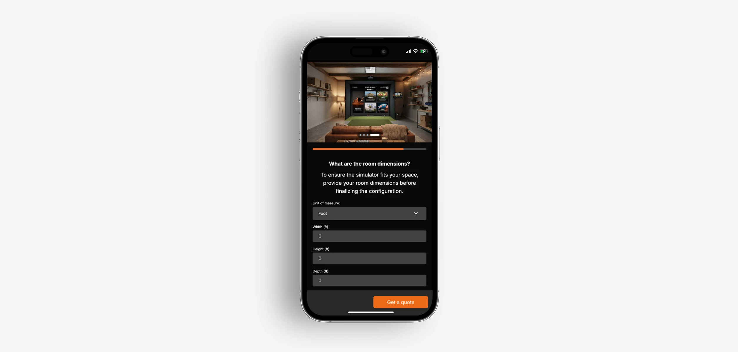 Mobile app showing a room dimensions input form with a home theater setup image, including width, height, and depth fields, and a "Get a Quote" button.