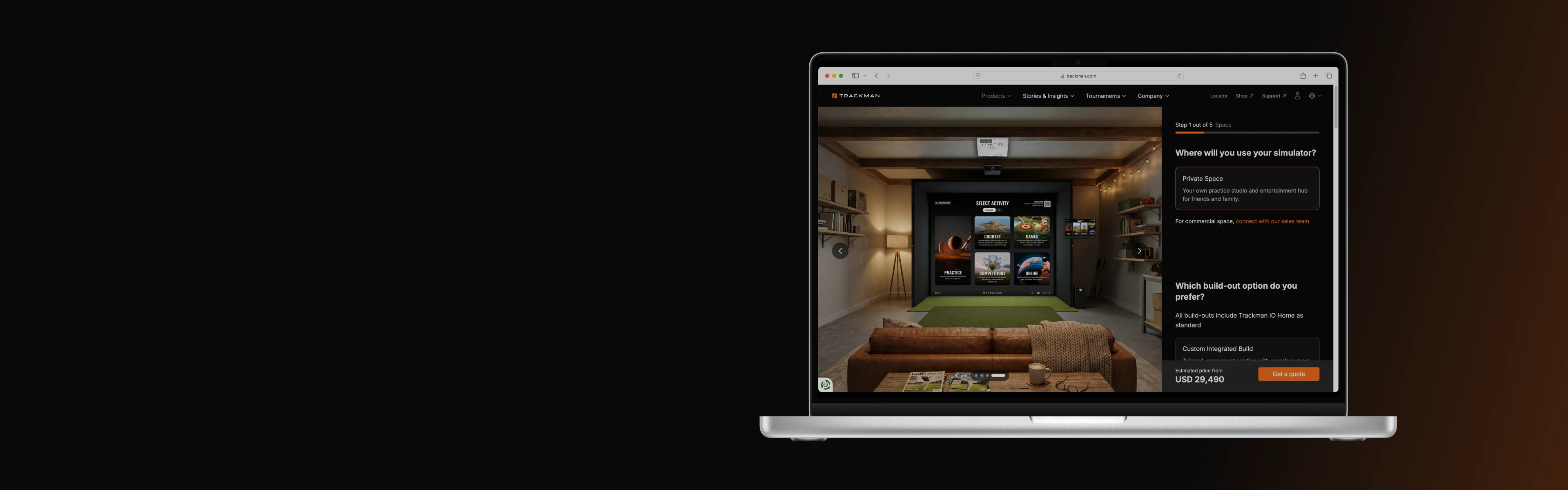 Open laptop displaying a golf simulator setup on a website, featuring activity options and pricing details in a cozy room setting.