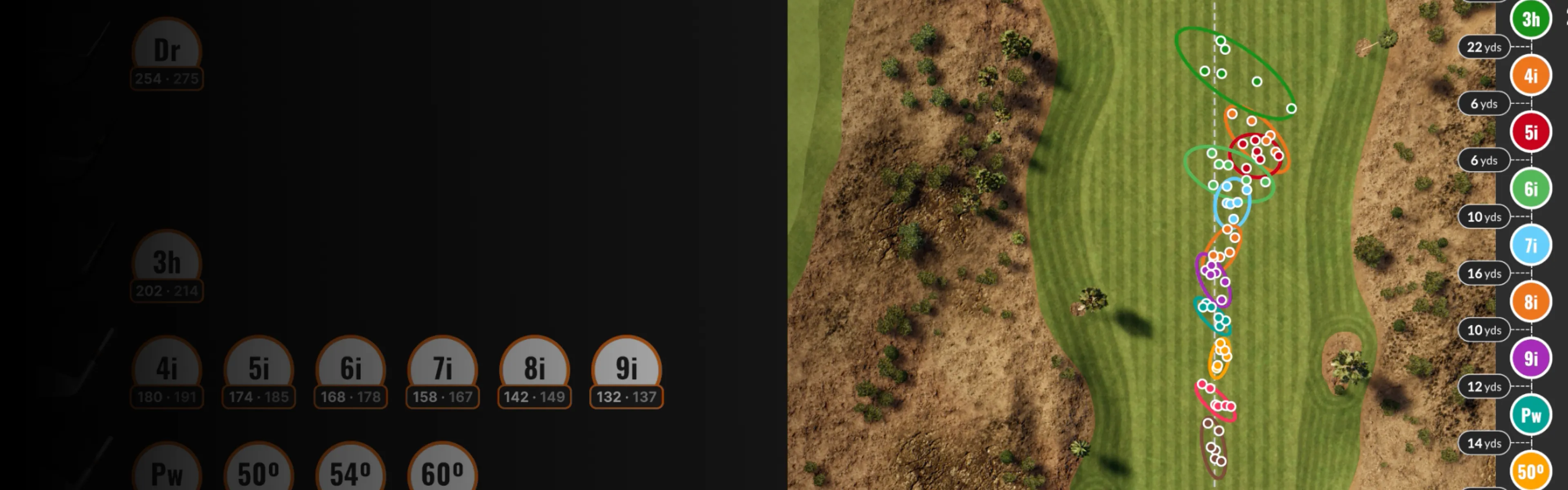 Golf course aerial view with a data overlay showing club distances and shot dispersion patterns on the fairway.