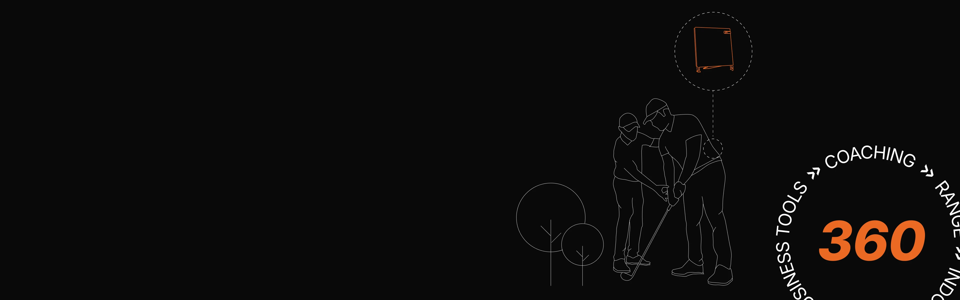 Silhouette of three people golfing, with text "360" and "BUSINESS TOOLS > COACHING" on a black background.