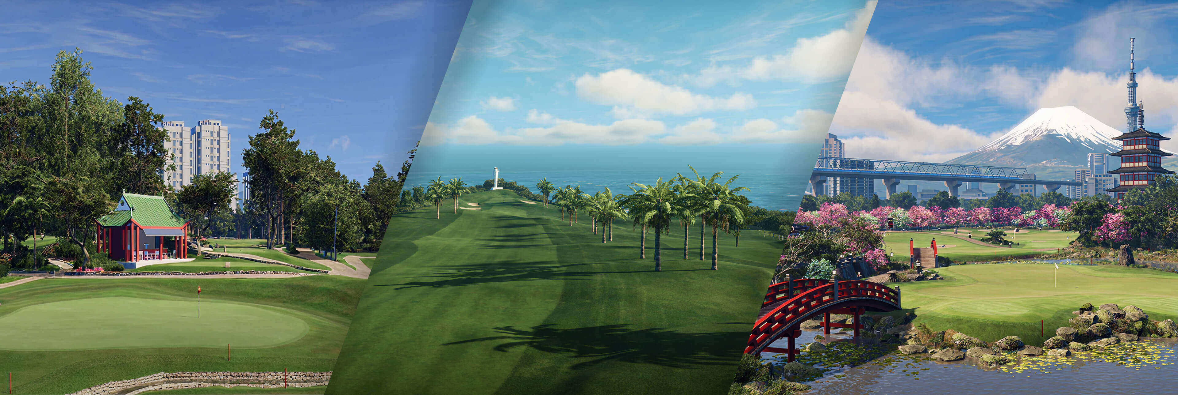 Three golf courses from Trackman Virtual Golf 3, including Tokyo Gardens, Hong Kong Golf Club and the Kawana Hotel Fuji Course.