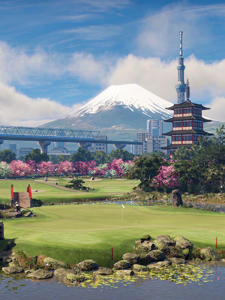 Tokyo gardens from Trackman Virtual Golf 3, A serene golf course with a pagoda and cherry blossoms, set against a city skyline and mount Fuji