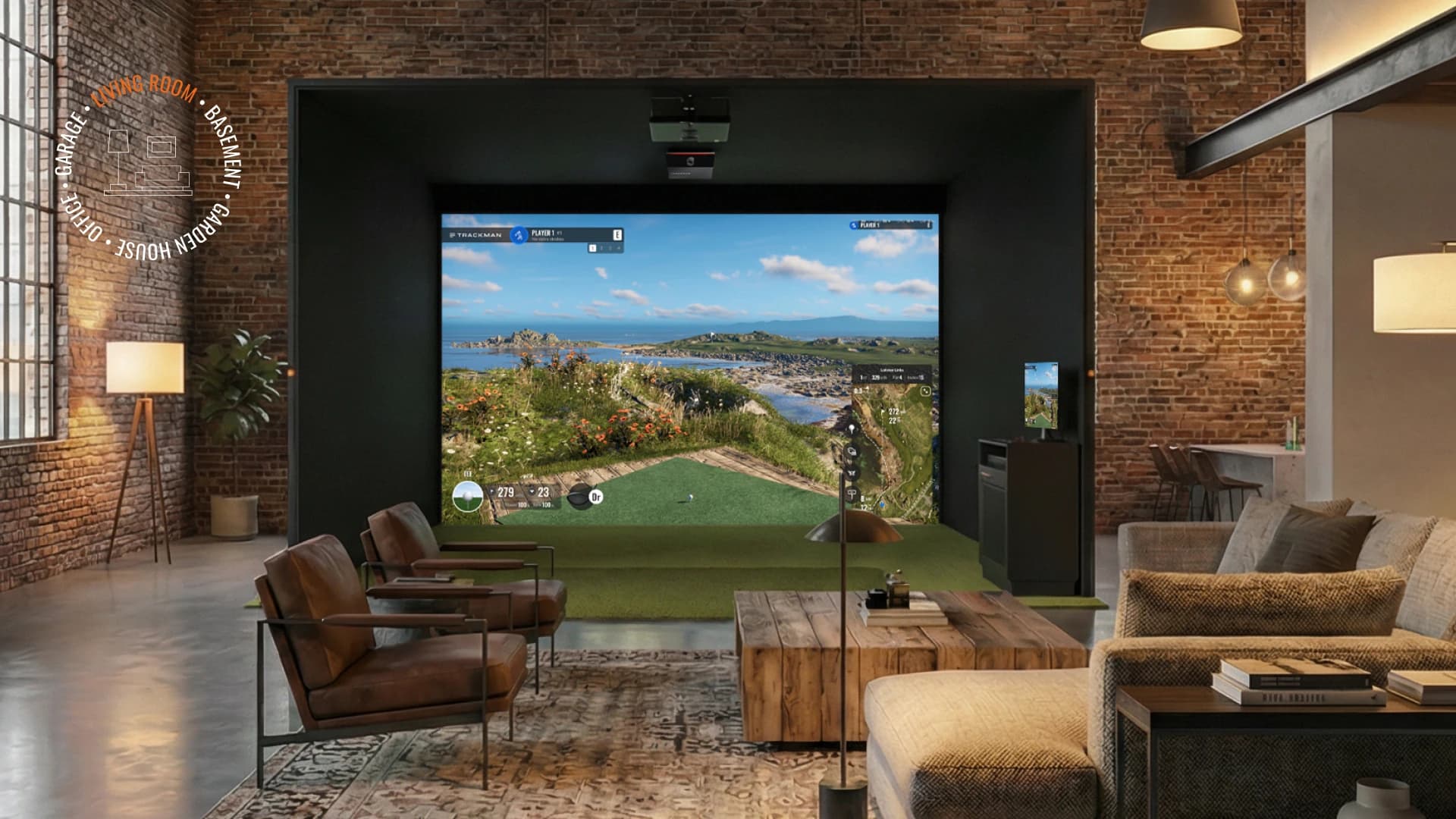 A cozy living room with leather chairs and a large golf simulator screen displaying a scenic golf course, set against a brick wall.