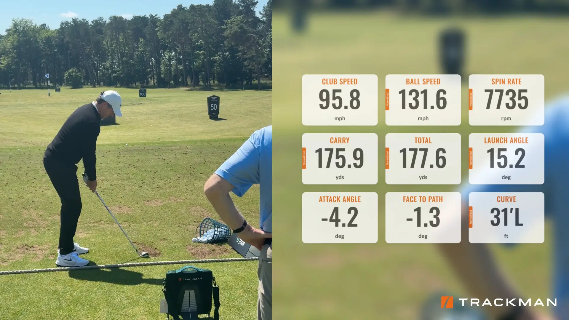 Golfer in mid-swing on a driving range. Data overlay shows club speed 95.8 mph, ball speed 131.6 mph, and other shot stats.
