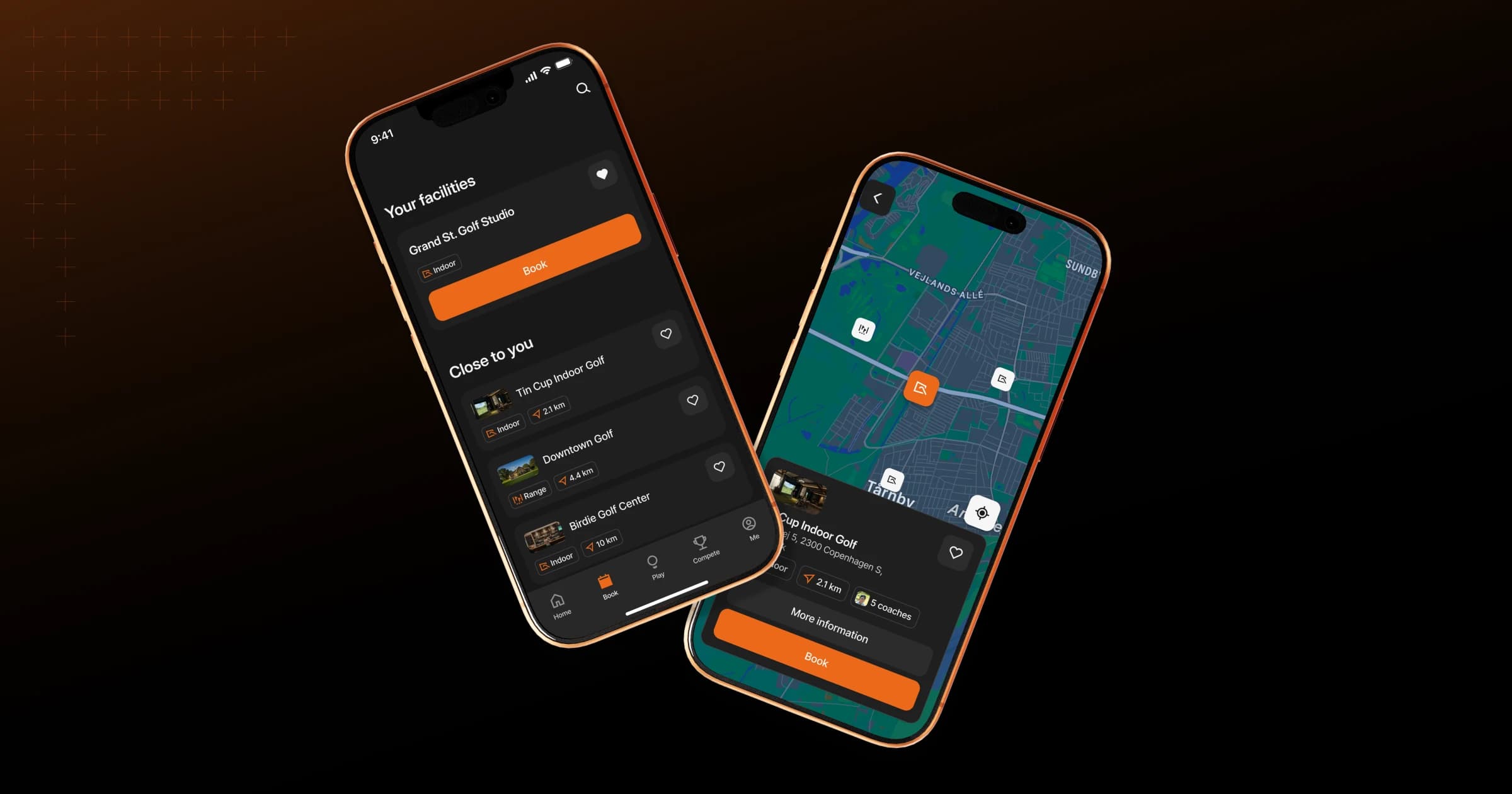 Two smartphones displaying a golf booking app, showing facility details and a map view.