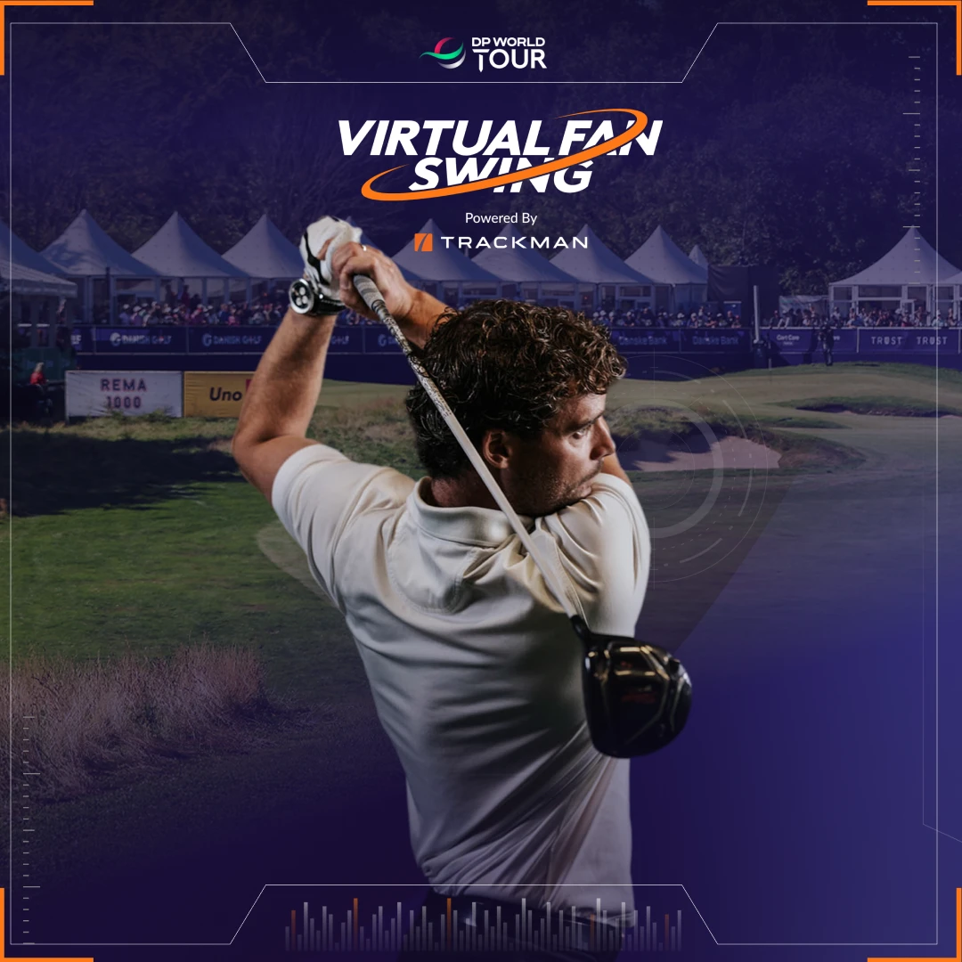 A golfer swings a club on a course with a background of tents and spectators. Text reads "Virtual Fan Swing, Powered by Trackman."