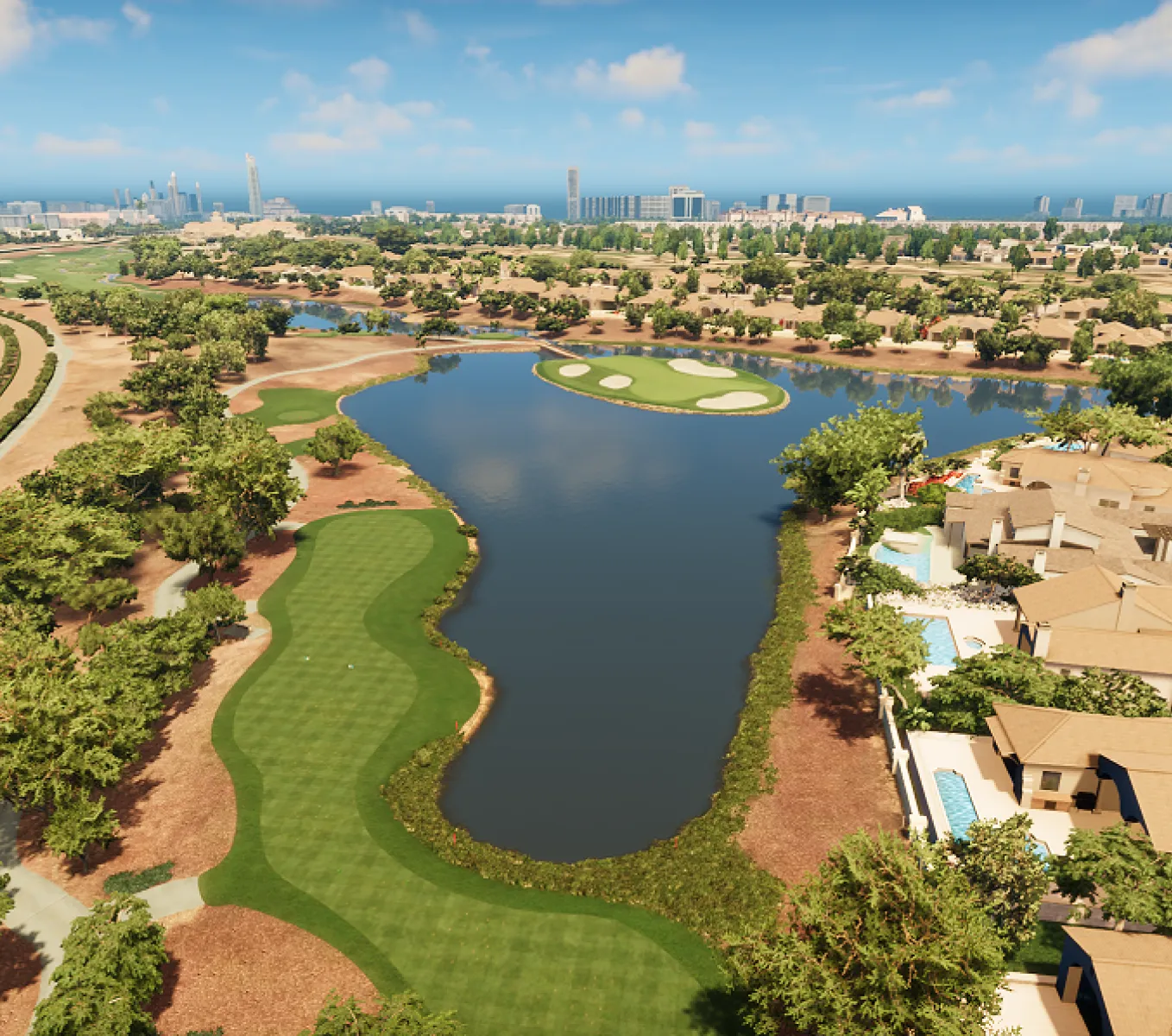 Aerial view of a golf course with a water hazard, lush greens, sand traps, and nearby residential buildings under a clear blue sky.
