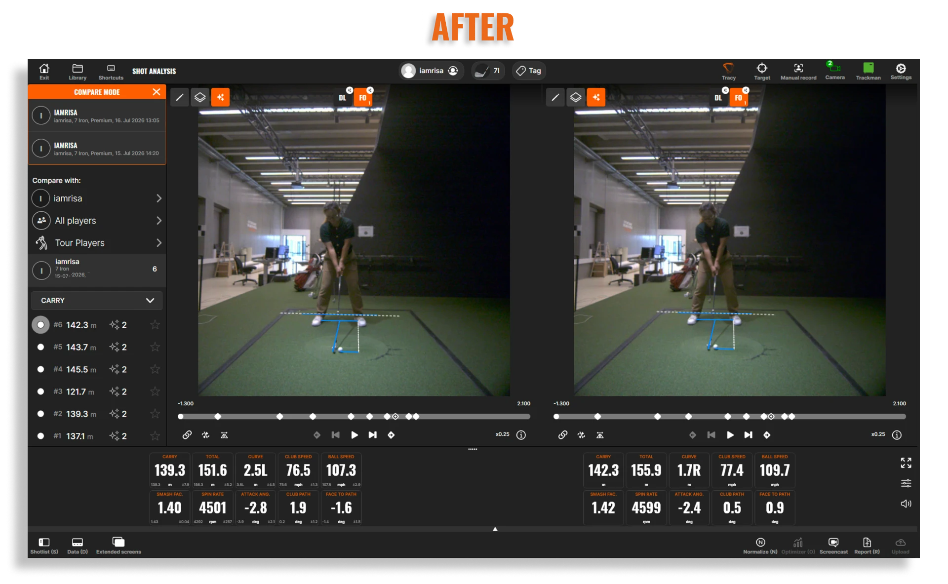 Golf swing analysis comparison showing two screens with a golfer in the center and detailed shot metrics below each video.