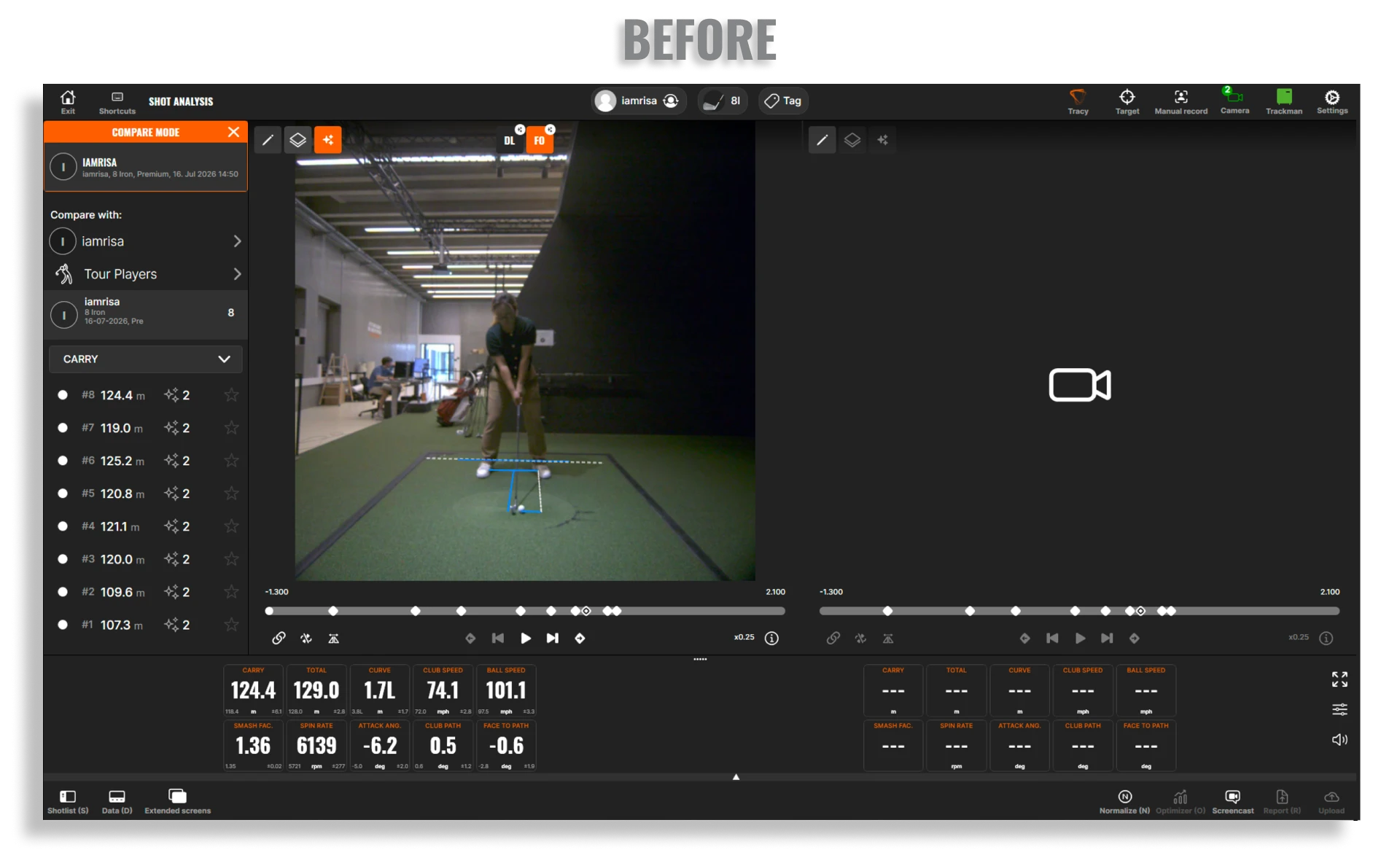 A golfer in an indoor facility preparing to swing, with statistics displayed on the screen, detailing shot analysis and performance metrics.