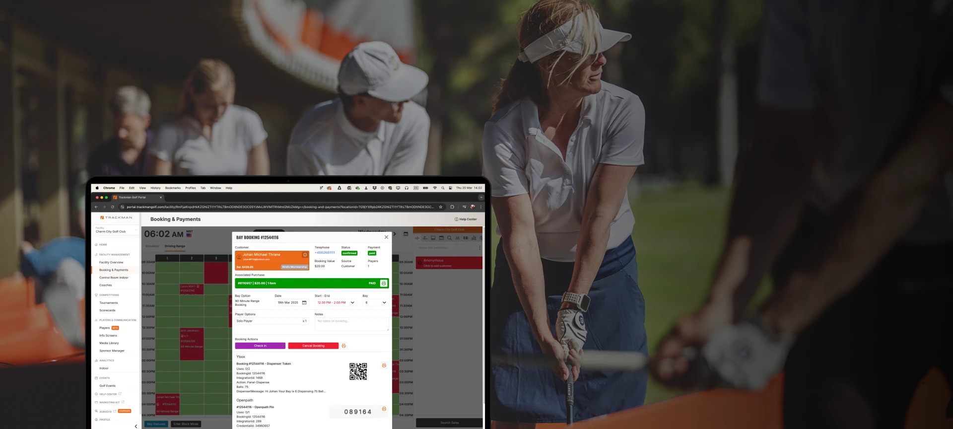 A laptop screen shows a booking system interface. In the background, people wearing golf attire are playing golf.