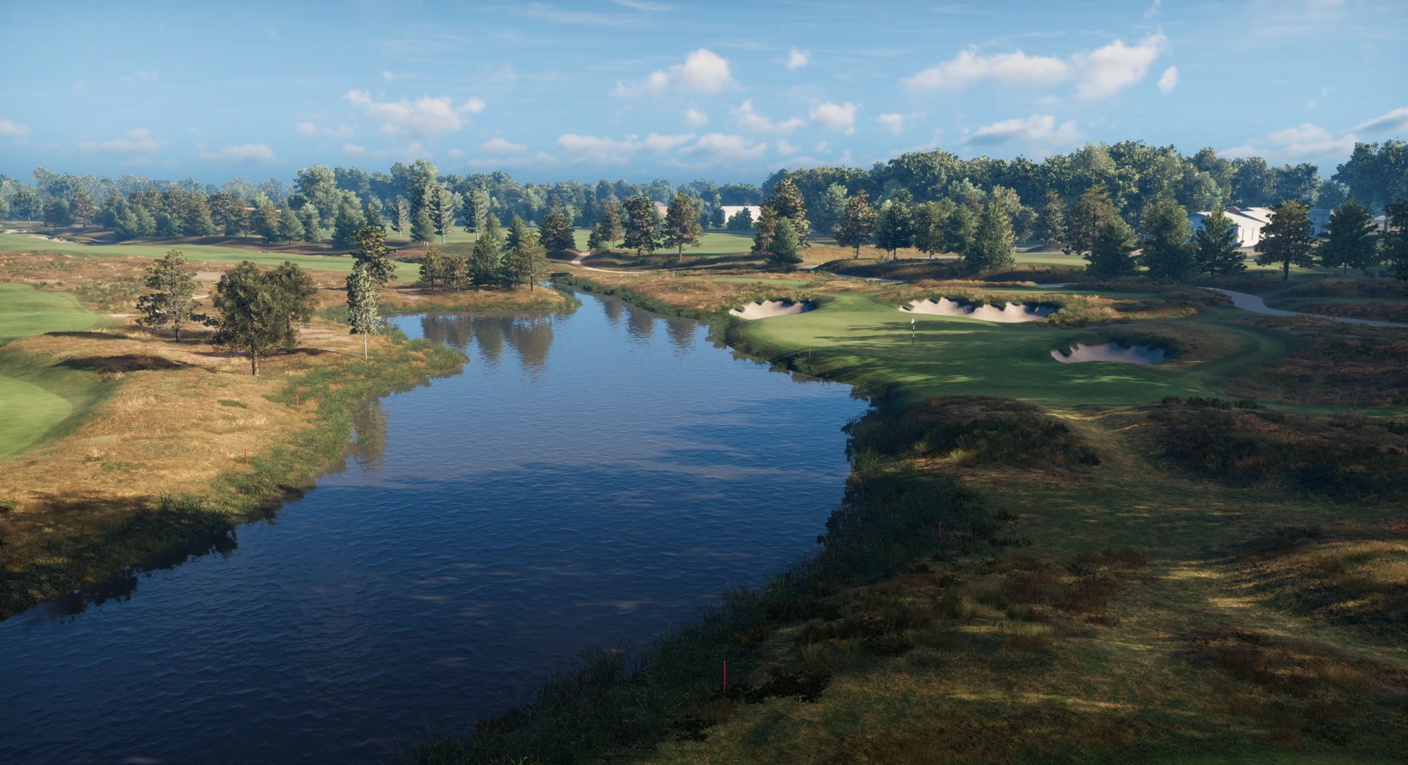 A serene golf course landscape with a winding river, lush greenery, sand bunkers, and a bright blue sky with scattered clouds.