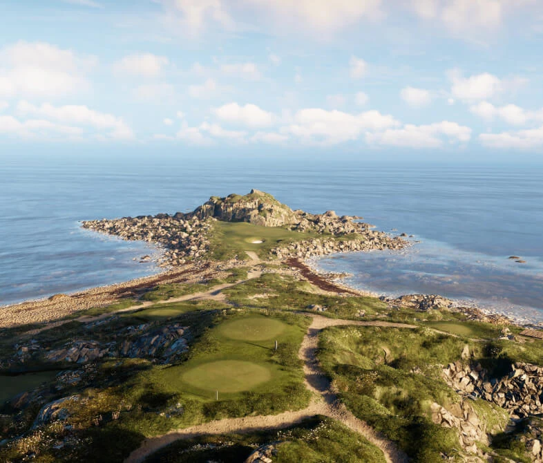 Scenic view of a rocky coastal landscape with grassy patches, surrounded by calm blue sea under a partly cloudy sky.